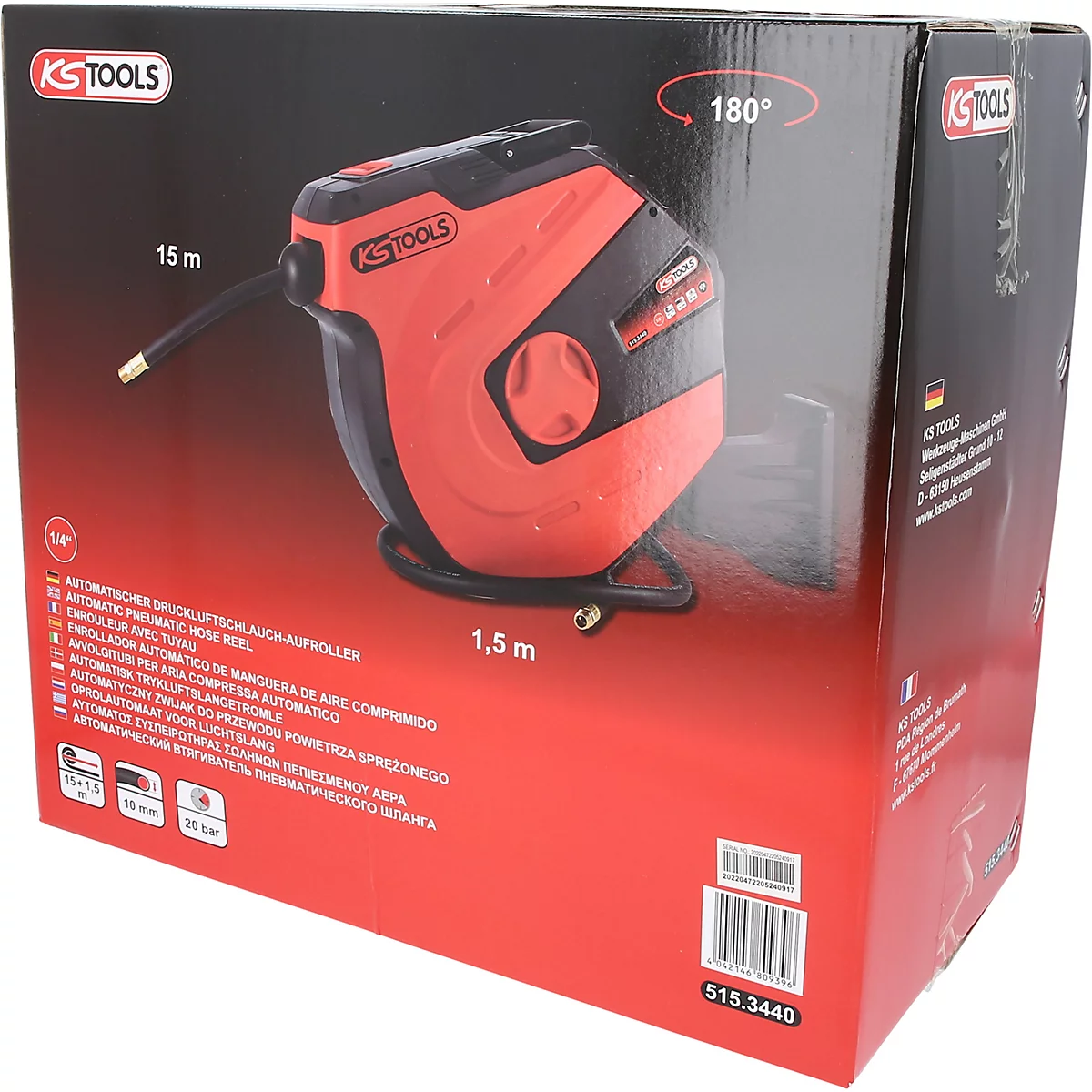 Roter und schwarzer Druckluftschlauchaufroller in seiner Verpackung, KS TOOLS Logo, 15 m, 1,5 m, 180 Grad Drehung.